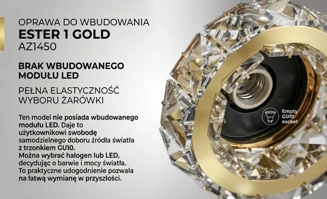 Oprawa do wbudowania ESTER 1 GOLD AZ1450 bez wbudowanego LED, miejsce na żarówkę GU10, detal na jasnym tle