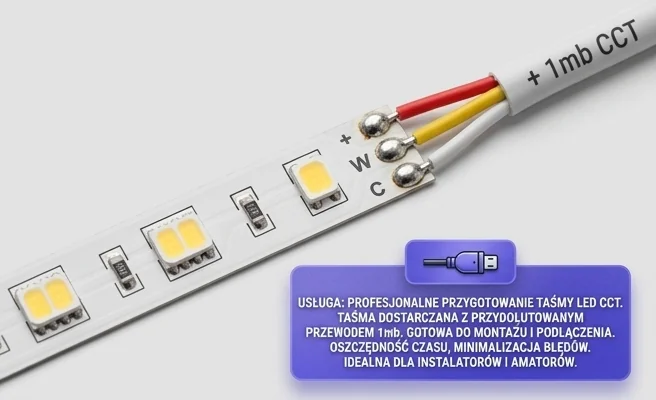 Gotowość do montażu taśmy LED CCT DOLUTOWYWANIE-CCT – fragment taśmy LED z przylutowanymi przewodami, białe tło.