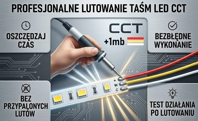 Usługa dolutowywania taśmy LED CCT z przewodem 1m DOLUTOWYWANIE-CCT – realistyczna fotografia fragmentu taśmy LED z przylutowanymi trzema przewodami i ręką trzymającą lutownicę, widoczne punkty lutownicze, białe tło, pokazane wymiary produktu.