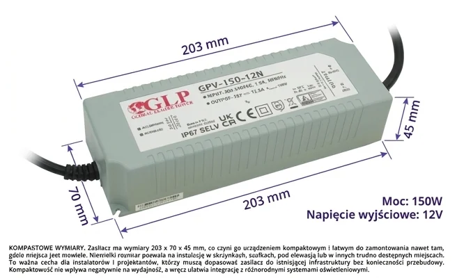 Zasilacz LED GPV-150-12N GLP kompaktowe wymiary 203x70x45 mm, widok z góry i lekko z boku, kod produktu GPV-150-12N