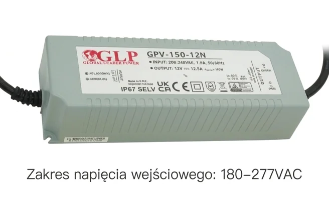 Zasilacz LED GPV-150-12N GLP zakres napięcia 180–277VAC, widok z góry i lekko z boku, kod produktu GPV-150-12N