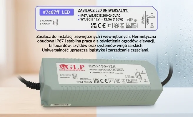 Zasilacz LED GPV-150-12N GLP do zastosowań zewnętrznych i wewnętrznych, widok z góry i lekko z boku, kod produktu GPV-150-12N