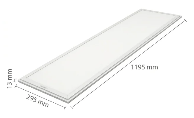 Panel LED V-TAC SKU 216258 o wymiarach 1195x295x13 mm, biały, realistyczna fotografia produktowa na białym tle, widok z góry, całość produktu w kadrze