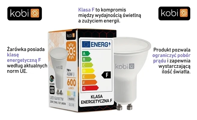 Żarówka LED GU10 KOBI 001228 – klasa energetyczna F na opakowaniu, zdjęcie produktowe