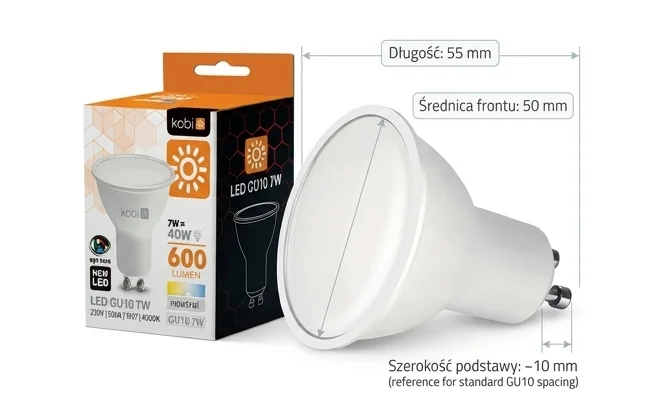 Żarówka LED GU10 7W 600lm KOBI 001228 z opakowaniem na białym tle, widoczne wymiary długość, szerokość, wysokość – zdjęcie produktowe