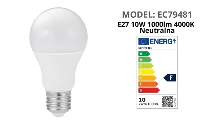 Żarówka LED Eco Light EC79481, mleczny klosz, gwint E27, etykieta klasa energetyczna F, białe tło