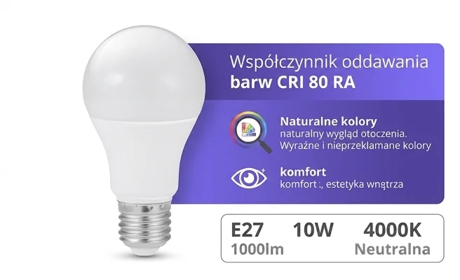 Żarówka LED Eco Light EC79481, mleczny klosz, gwint E27, symbol CRI 80 RA, białe tło