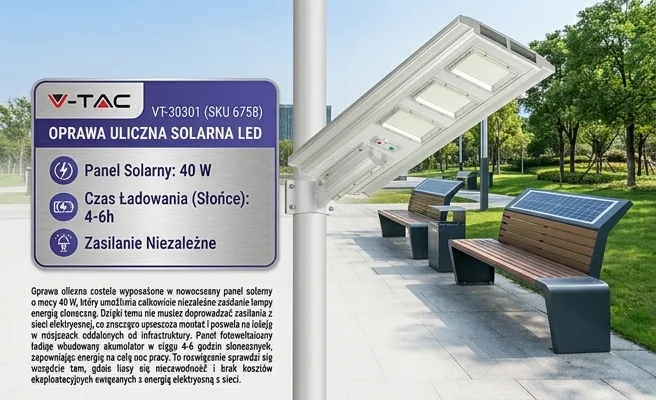 Oprawa uliczna solarna LED V-TAC VT-30301 SKU 6758, widok z przodu, prezentacja panelu 40W