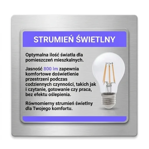Żarówka LED E27 FGS 7W 806lm 3000K KOBI 9030 na białym tle, prezentacja jasności 800 lumenów