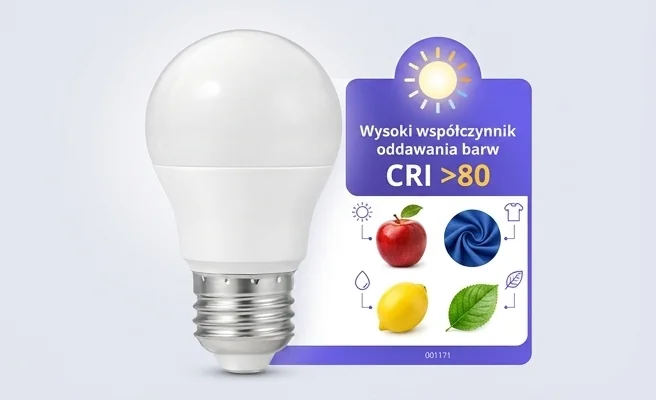 Żarówka LED E27 GS 10W 810lm 3000K KOBI kod 001171 z informacją o współczynniku CRI powyżej 80 na białym tle