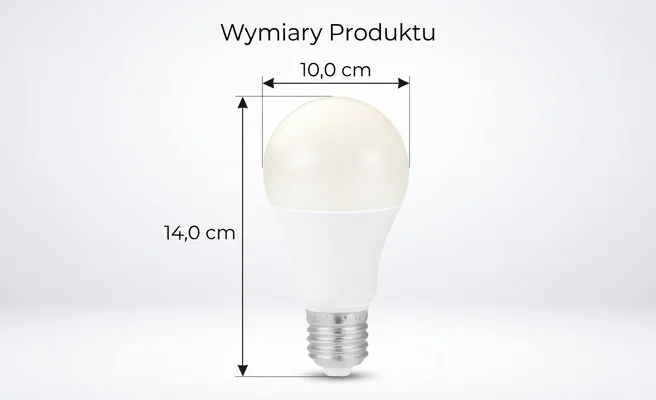 Żarówka LED E27 GS 15W 1400lm - 3000K KOBI 001182 centralnie na białym tle z widocznymi wymiarami długość 14 cm, szerokość 10 cm, wysokość 10 cm
