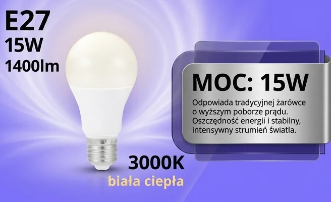 Żarówka LED E27 GS 15W 1400lm - 3000K KOBI 001182 moc 15W na białym tle