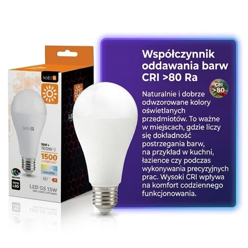 Żarówka LED E27 GS 15W 1400lm 6000K KOBI kod 001186 z oznaczeniem CRI powyżej 80 RA na białym tle