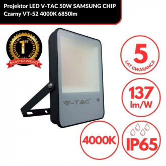 Projektor LED V-TAC 50W SAMSUNG CHIP Czarny 137LM/W VT-52 4000K 6850lm 5 Lat Gwarancji