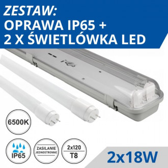 Zestaw: oprawa IP65 + 2 x świetlówka LED T8 18W 1850lm 120cm EKO 6500K - NAJTANIEJ