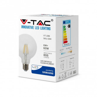 Żarówka LED V-TAC SAMSUNG CHIP 6W E27 Filament G95 VT-286 2700K 806lm 3 Lata Gwarancji