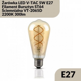 Żarówka LED V-TAC 5W E27 Filament Bursztyn ST64 Ściemnialna VT-2065D 2200K 300lm