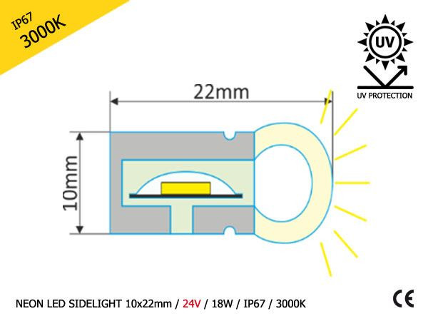  NEON LED SIDELIGHT 10x22mm | 24V | 2835 | 18W | 120 LED | IP67 | 3000K (+/-200K) | 5m