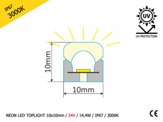 NEON LED TOPLIGHT 10x10mm | 24V | 2835 | 14,4W | 120 LED | IP67 | 3000K (+/-200K) | 5m
