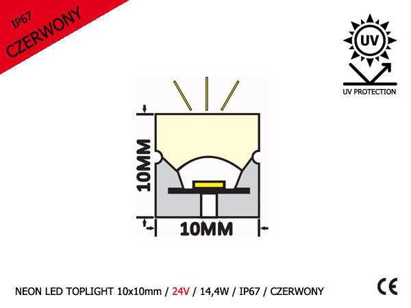 NEON LED TOPLIGHT 10x10mm | 24V | 2835 | 14,4W | 120 LED | IP67 | CZERWONY | 5m