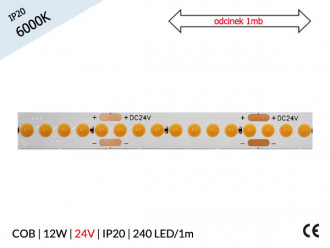 TAŚMA LED 24V | 12W | 240 LED/1m | IP20 | 6000K | 120lm/W | RA>90 | 8mm | odcinek 1m
